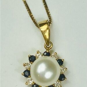 14k Diamond Sapphire Pearl Pendant Necklace